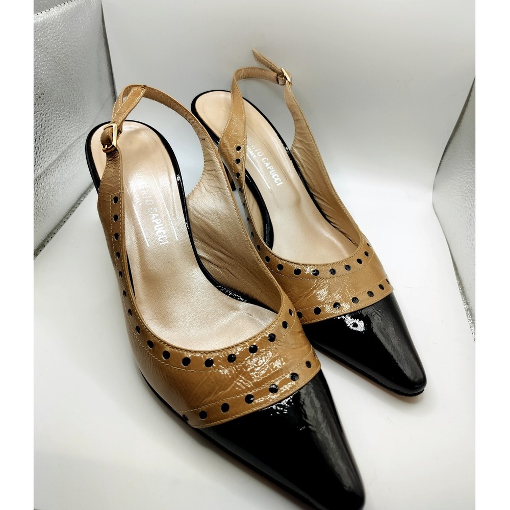 Vintage Roberto Capucci Slingback Heels Size 8.5 Tan Black Patent Leather Brogue